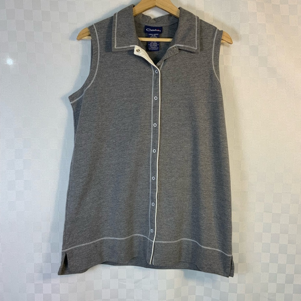 Catalina Vintage Gray Sleeveless Snap Down Long Vest Preppy Size Medium